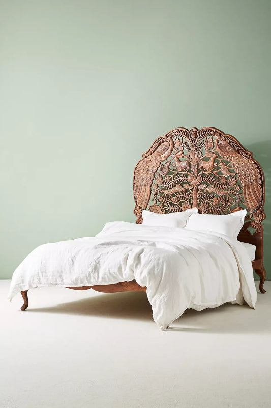 Hand Carved Peacock Woodland Bed |Custom Design Wooden Peacock Bed Bed - Bone Inlay Furnitures