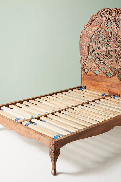 Hand Carved Peacock Woodland Bed |Custom Design Wooden Peacock Bed Bed - Bone Inlay Furnitures