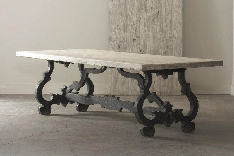 Hand Carved Rectangle Pedestal Dining Table with Scroll Legs in Natural Finish Dining Table - Bone Inlay Furnitures