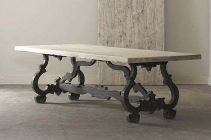 Hand Carved Rectangle Pedestal Dining Table with Scroll Legs in Natural Finish Dining Table - Bone Inlay Furnitures