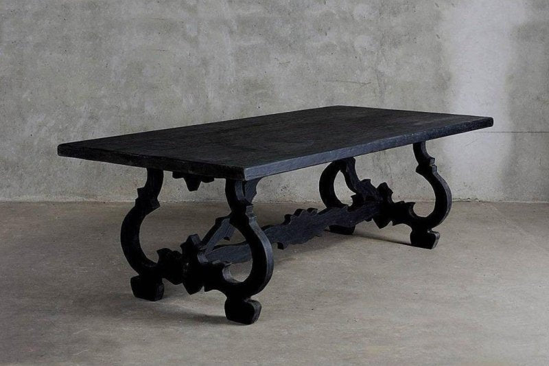 Hand Carved Rectangle Pedestal Dining Table with Scroll Legs in Natural Finish Dining Table - Bone Inlay Furnitures
