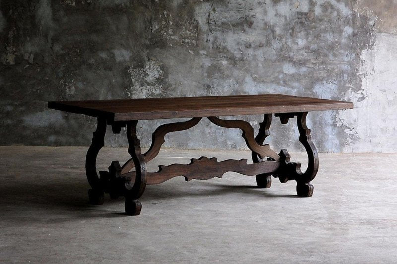 Hand Carved Rectangle Pedestal Dining Table with Scroll Legs in Natural Finish Dining Table - Bone Inlay Furnitures