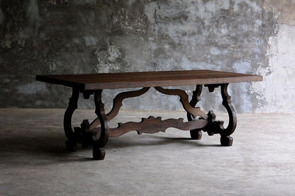 Hand Carved Rectangle Pedestal Dining Table with Scroll Legs in Natural Finish Dining Table - Bone Inlay Furnitures