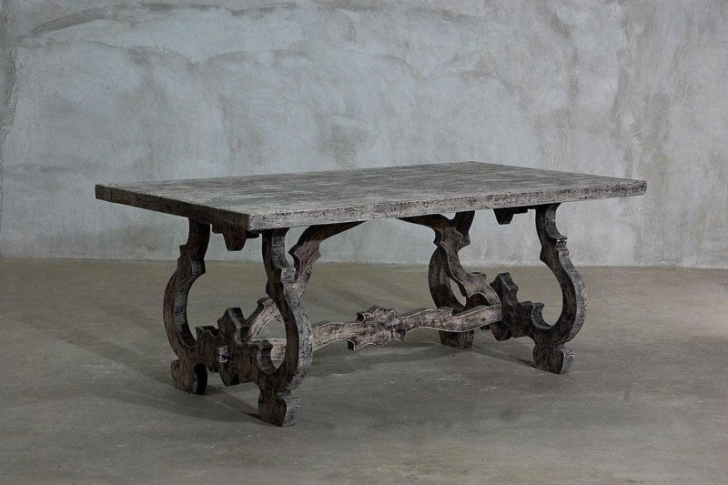 Hand Carved Rectangle Pedestal Dining Table with Scroll Legs in Natural Finish Dining Table - Bone Inlay Furnitures