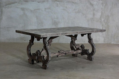Hand Carved Rectangle Pedestal Dining Table with Scroll Legs in Natural Finish Dining Table - Bone Inlay Furnitures