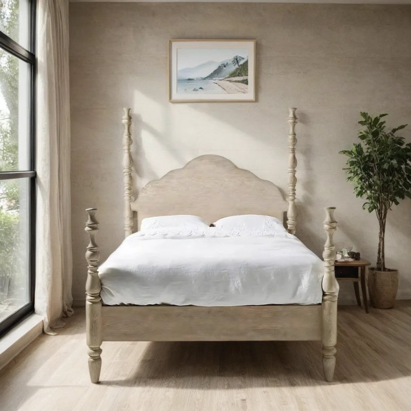 Anthropology-inspired four-poster bed with scalloped headboard, hand-carved wood frame, and spindle posts.