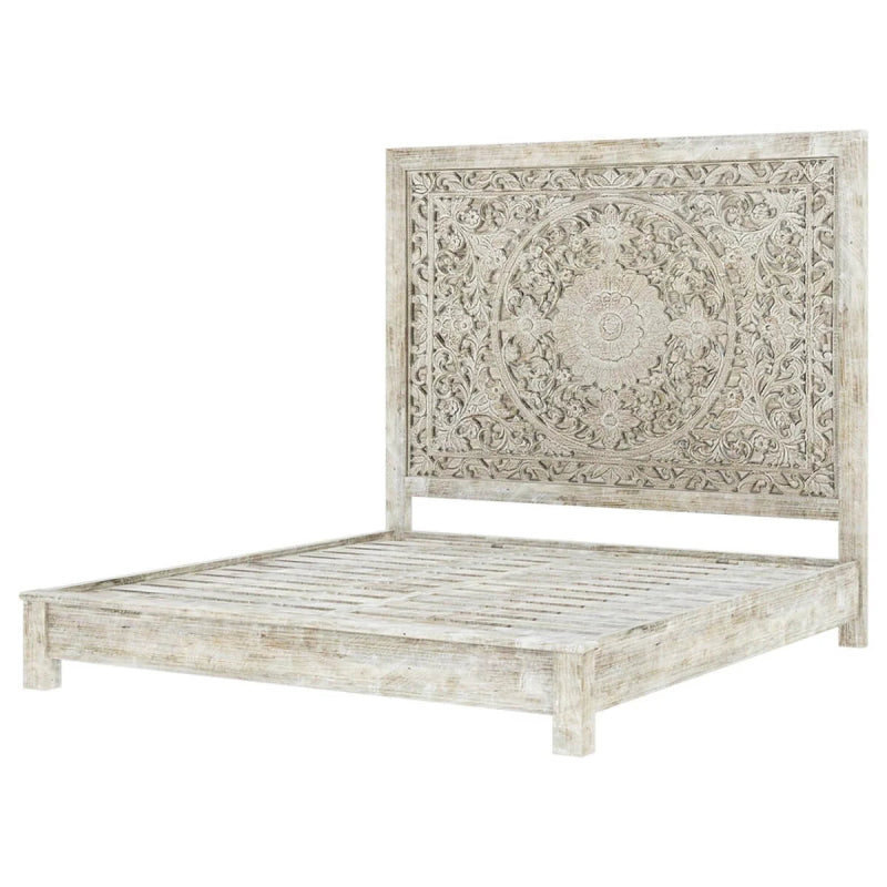 Hand Carved Rustic Solid Wood in White Color with Long Headboard Beds & Bed Frames - Bone Inlay Furnitures
