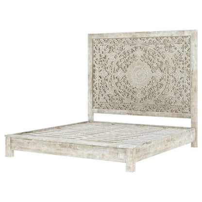 Hand Carved Rustic Solid Wood in White Color with Long Headboard Beds & Bed Frames - Bone Inlay Furnitures