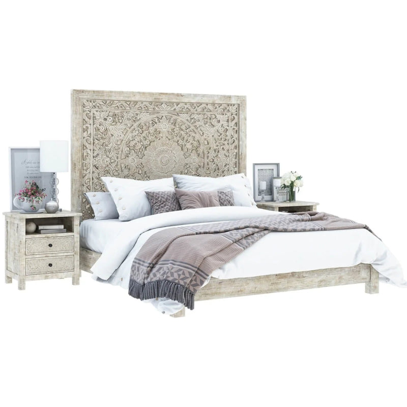 Hand Carved Rustic Solid Wood in White Color with Long Headboard Beds & Bed Frames - Bone Inlay Furnitures