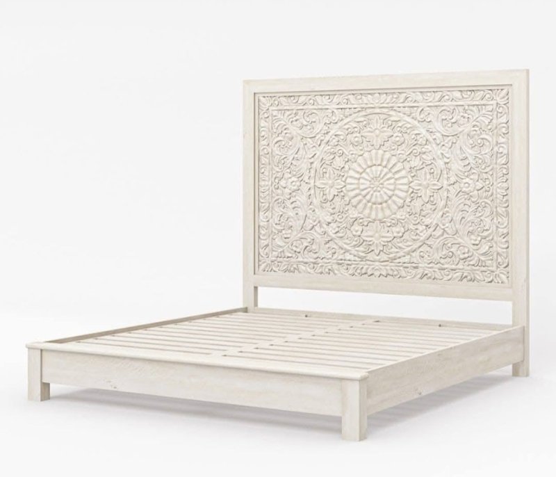 Hand Carved Rustic Solid Wood in White Color with Long Headboard Beds & Bed Frames - Bone Inlay Furnitures