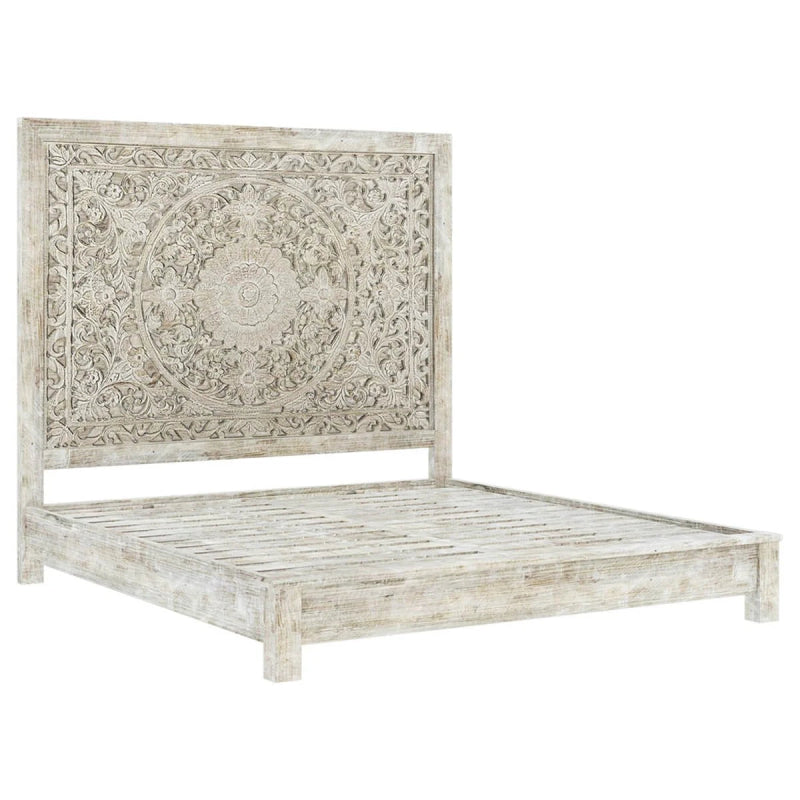 Hand Carved Rustic Solid Wood in White Color with Long Headboard Beds & Bed Frames - Bone Inlay Furnitures