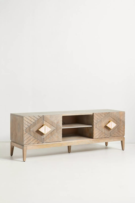 Hand Carved Samuel Media Console table | Woodcarving TV unit Media Console Table - Bone Inlay Furnitures