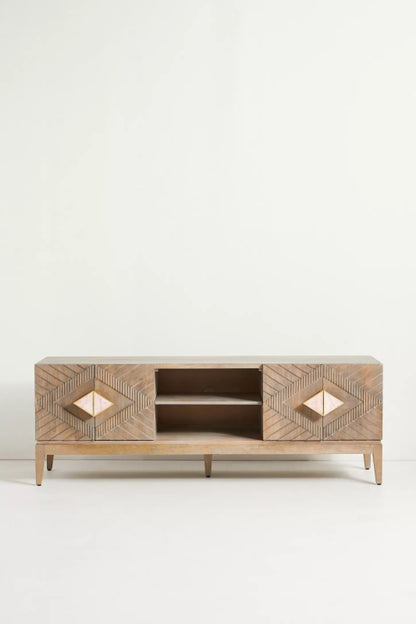 Hand Carved Samuel Media Console table | Woodcarving TV unit Media Console Table - Bone Inlay Furnitures