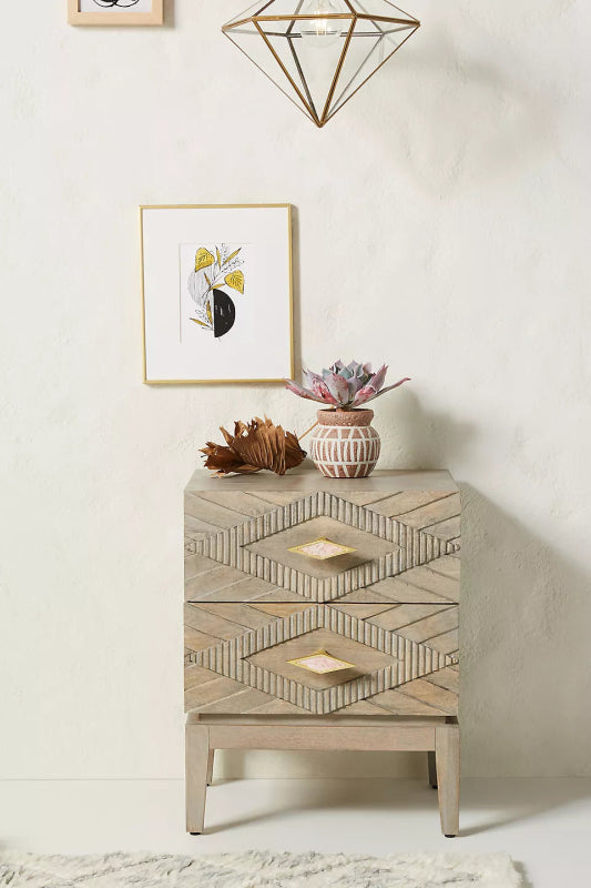 Hand Carved Samuel Nightstand in Washed Grey Color | Bedside Night Table Nightstand - Bone Inlay Furnitures