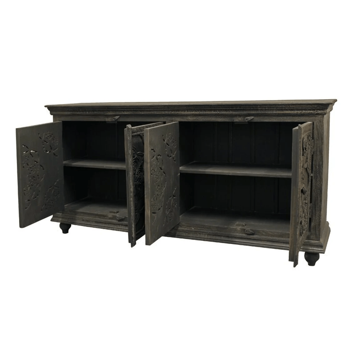 Artisanal Hand-Carved Floral Wooden Sideboard