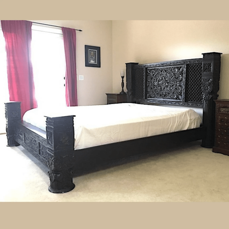 Hand Carved Solid Wood Bedroom Black Finish Bed | Carving Bed Frame with Black Finish | Indian Bedroom Bed Frame Bed - Bone Inlay Furnitures