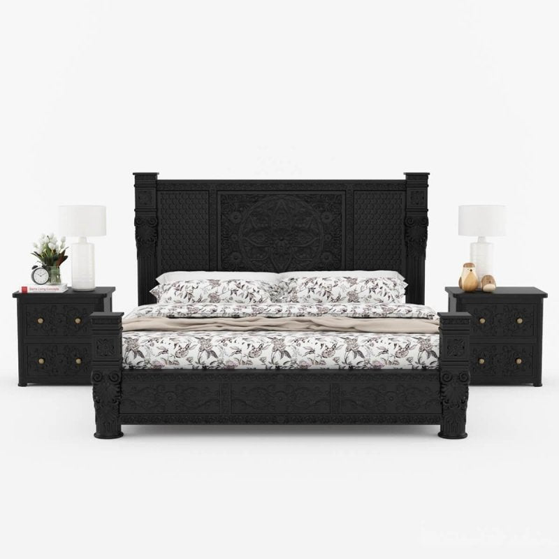 Hand Carved Solid Wood Bedroom Black Finish Bed | Carving Bed with Black Finish Bed - Bone Inlay Furnitures