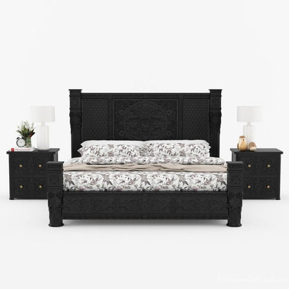 Hand Carved Solid Wood Bedroom Black Finish Bed | Carving Bed with Black Finish Bed - Bone Inlay Furnitures