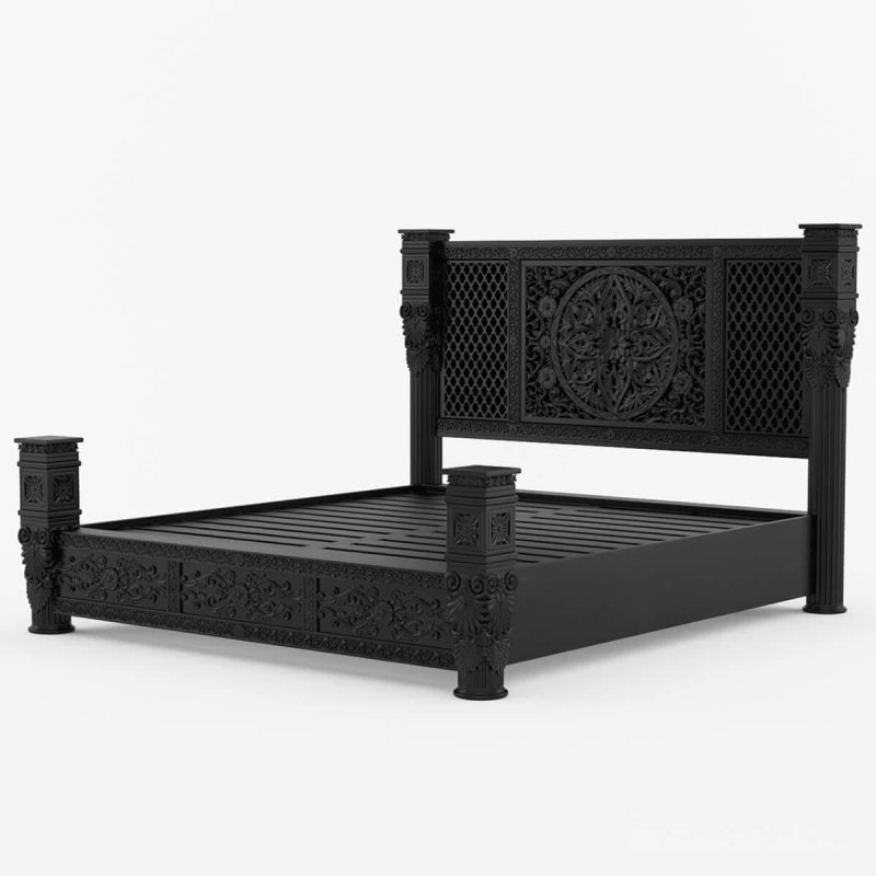 Hand Carved Solid Wood Bedroom Black Finish Bed | Carving Bed with Black Finish Bed - Bone Inlay Furnitures