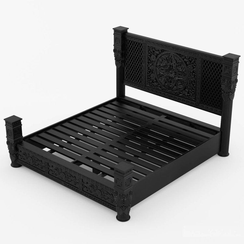 Hand Carved Solid Wood Bedroom Black Finish Bed | Carving Bed with Black Finish Bed - Bone Inlay Furnitures