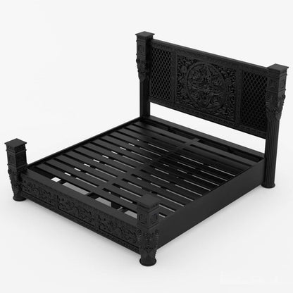 Hand Carved Solid Wood Bedroom Black Finish Bed | Carving Bed with Black Finish Bed - Bone Inlay Furnitures