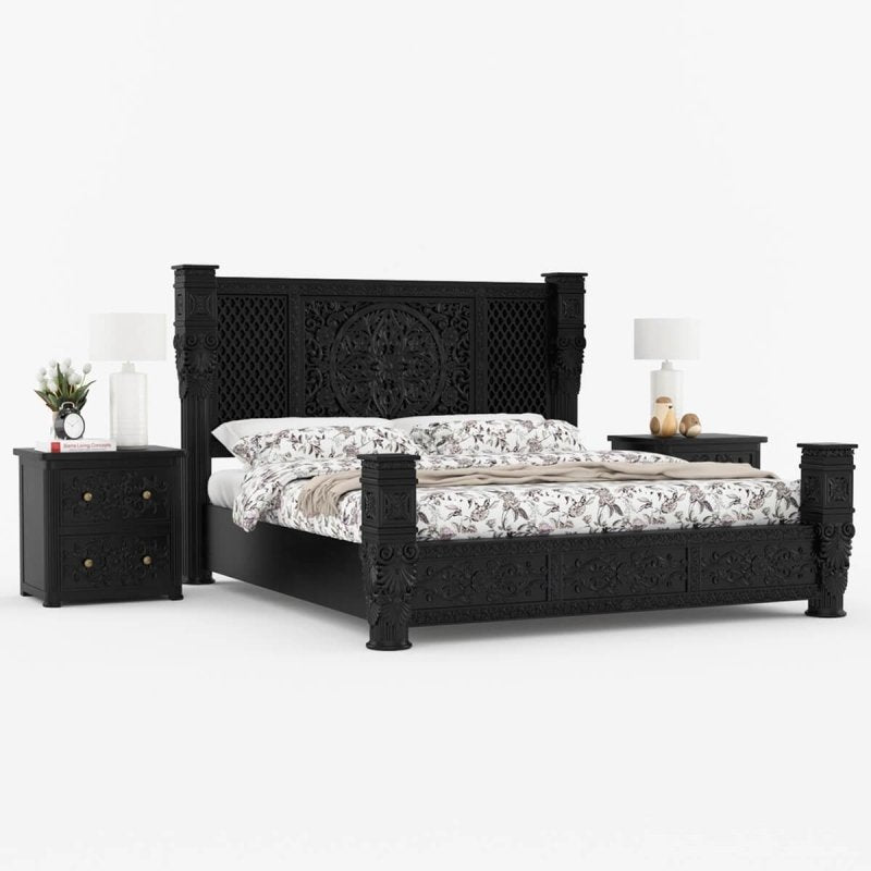 Hand Carved Solid Wood Bedroom Black Finish Bed | Carving Bed with Black Finish Bed - Bone Inlay Furnitures