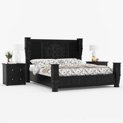 Hand Carved Solid Wood Bedroom Black Finish Bed | Carving Bed with Black Finish Bed - Bone Inlay Furnitures