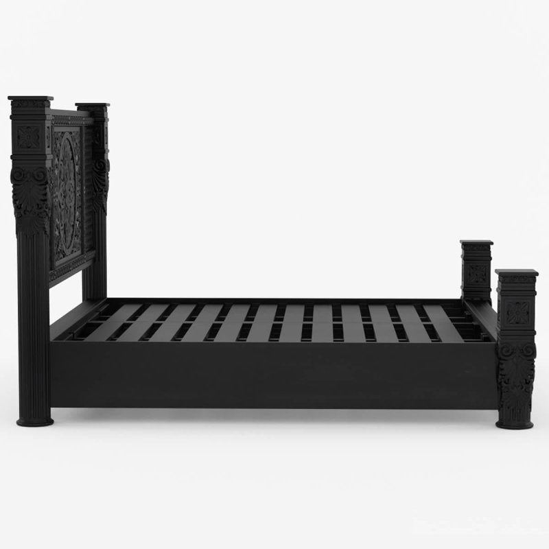 Hand Carved Solid Wood Bedroom Black Finish Bed | Carving Bed with Black Finish Bed - Bone Inlay Furnitures