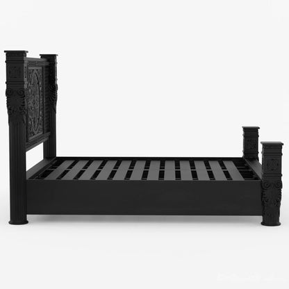 Hand Carved Solid Wood Bedroom Black Finish Bed | Carving Bed with Black Finish Bed - Bone Inlay Furnitures