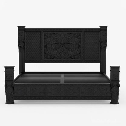 Hand Carved Solid Wood Bedroom Black Finish Bed | Carving Bed with Black Finish Bed - Bone Inlay Furnitures
