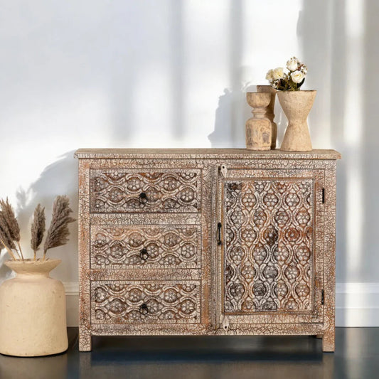 Hand - Carved Solid Wood Credenza– Vintage Style Sideboard Cabinet - Bone Inlay Furnitures