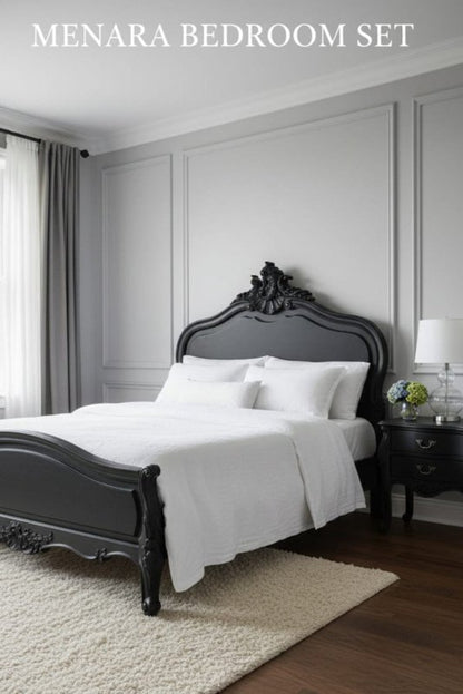 Hand - Carved Solid Wood French Style Black Menara Bedroom Set Bedroom Set - Bone Inlay Furnitures
