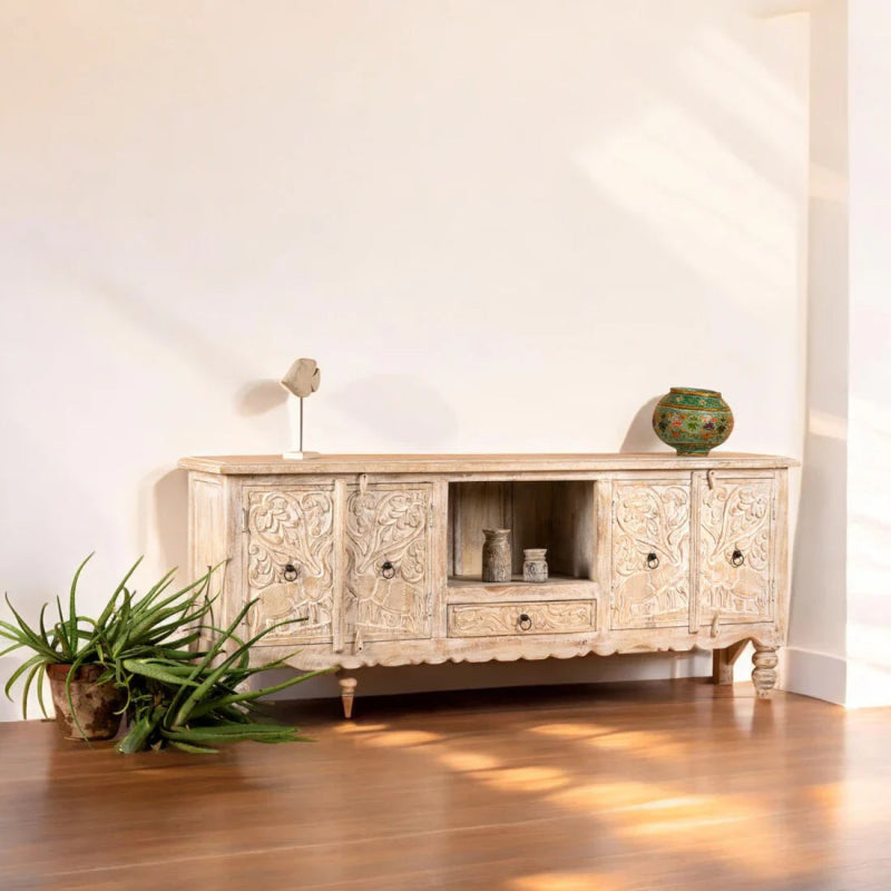 Hand - Carved Solid Wood Lowboard Cabinet – Boho Style Sideboard - Bone Inlay Furnitures