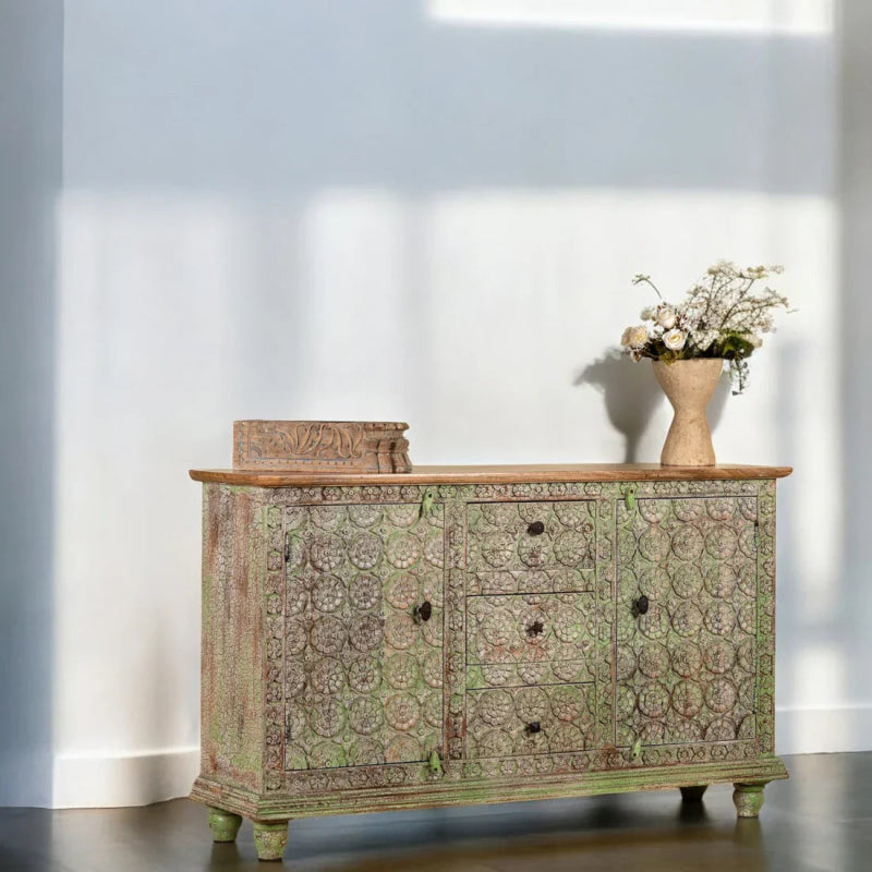Hand - Carved Solid Wood Sideboard Cabinet with Drawers and Doors – Bohemian Style Sideboard - Bone Inlay Furnitures