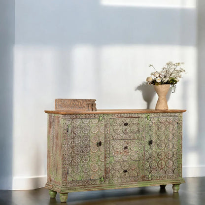 Hand - Carved Solid Wood Sideboard Cabinet with Drawers and Doors – Bohemian Style Sideboard - Bone Inlay Furnitures