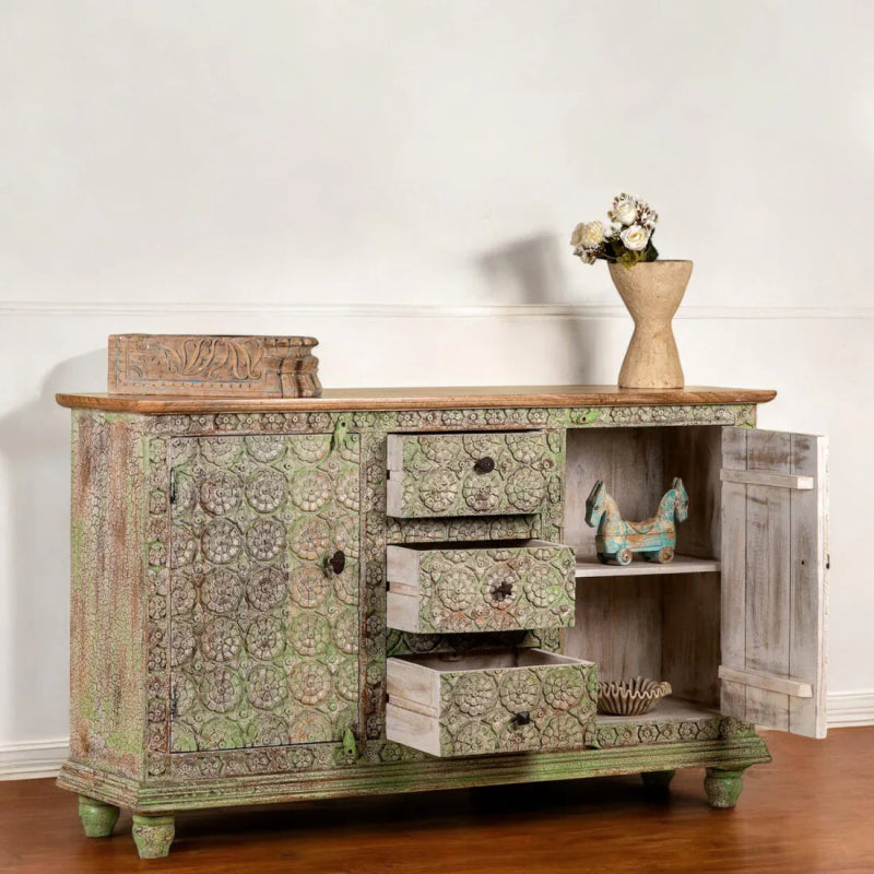 Hand - Carved Solid Wood Sideboard Cabinet with Drawers and Doors – Bohemian Style Sideboard - Bone Inlay Furnitures