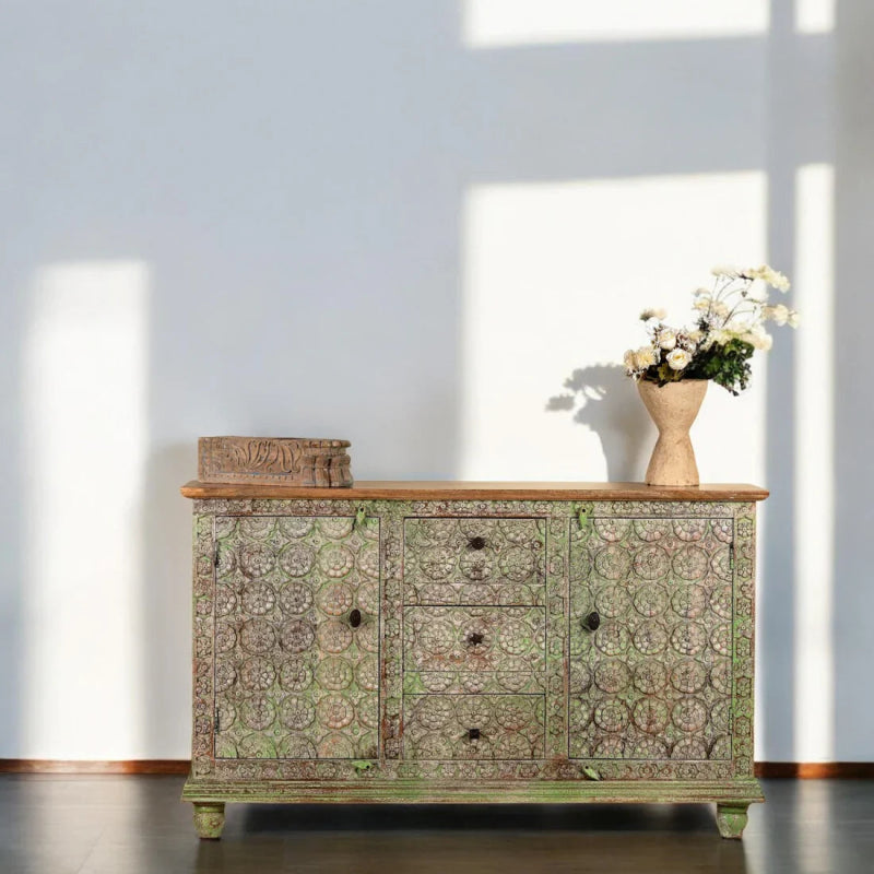 Hand - Carved Solid Wood Sideboard Cabinet with Drawers and Doors – Bohemian Style Sideboard - Bone Inlay Furnitures