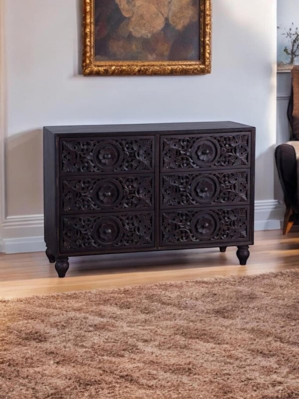 6-Drawer Floral Hand-Carved Wood Dresser | Matte Black Finish Bone Inlay Furnitures 6-Drawer Floral Hand-Carved Wood Dresser | Matte Black Finish Bone Inlay Furnitures