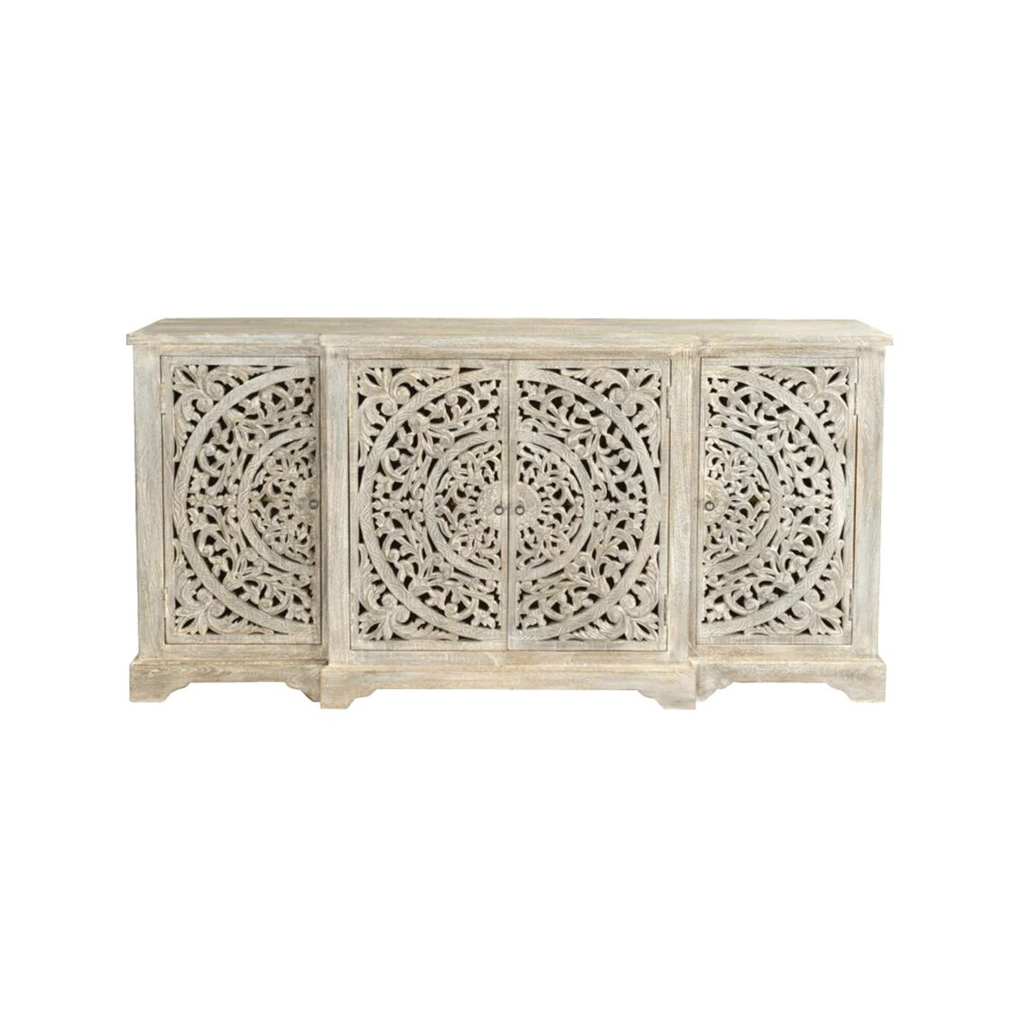 Large hand-carved solid wood sideboard featuring intricate circular mandala patterns on four doors with a distressed whitewash finish.