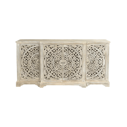 Large hand-carved solid wood sideboard featuring intricate circular mandala patterns on four doors with a distressed whitewash finish.
