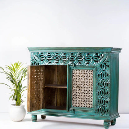 Indian Handmade Floral Carved Sideboard Cabinet