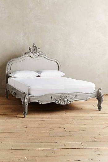 Hand-Crafted French Style Menara Grey Bed: Carved Wooden Headboard