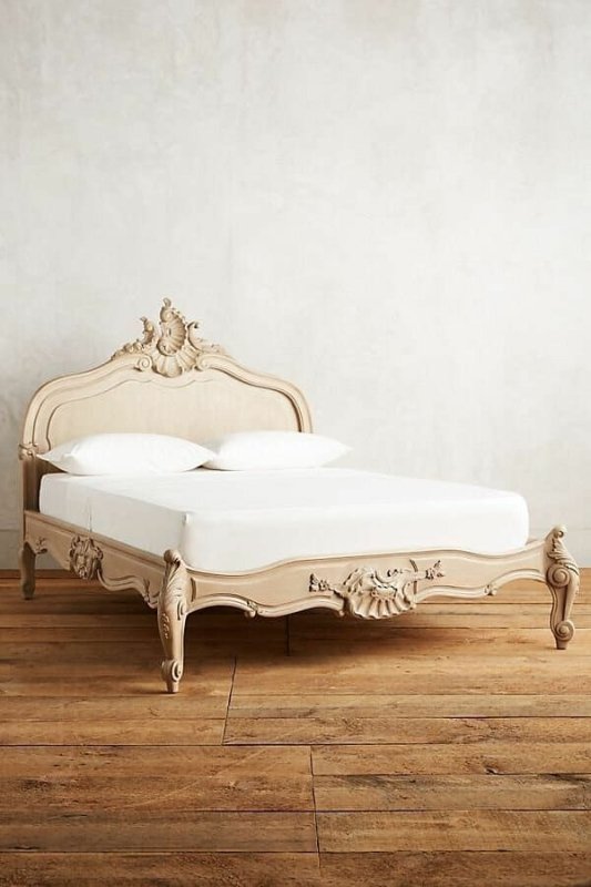 French Style Menara Bed: Beige Hand-Carved Wooden Headboard Bed