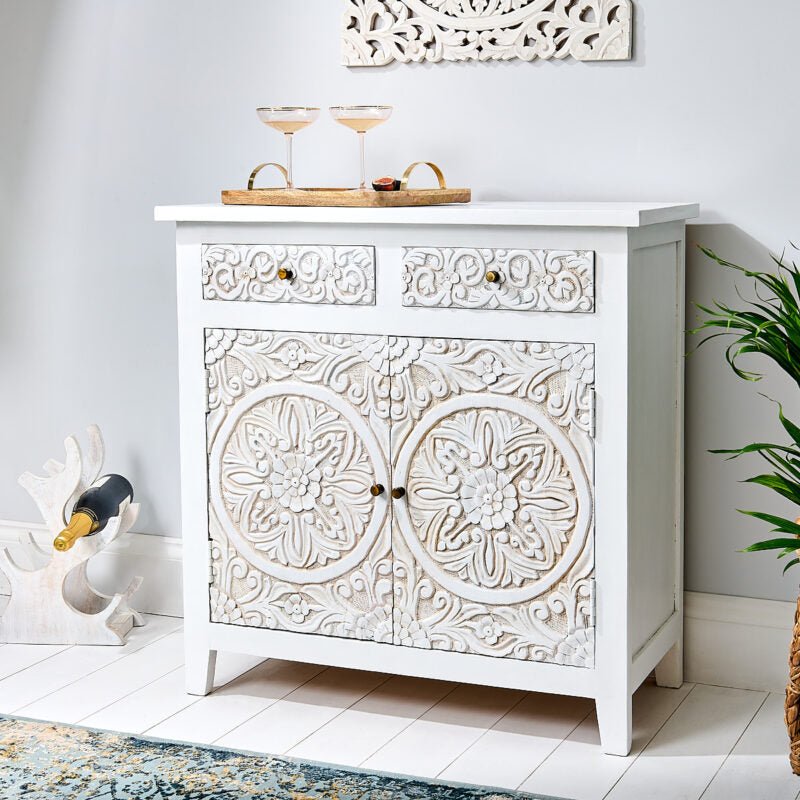 Hand Carved Storage Cabinet | Wooden Hand Carved Small Sideboard Cabinet - Bone Inlay Furnitures