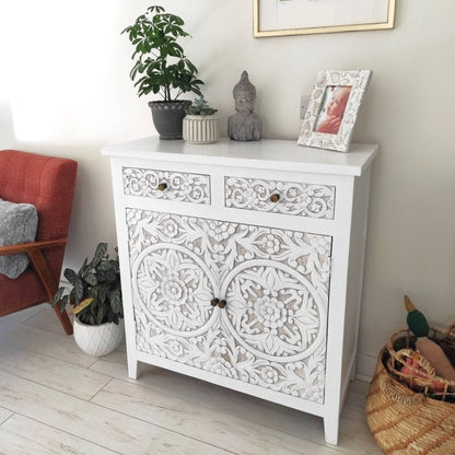 Hand Carved Storage Cabinet | Wooden Hand Carved Small Sideboard Cabinet - Bone Inlay Furnitures