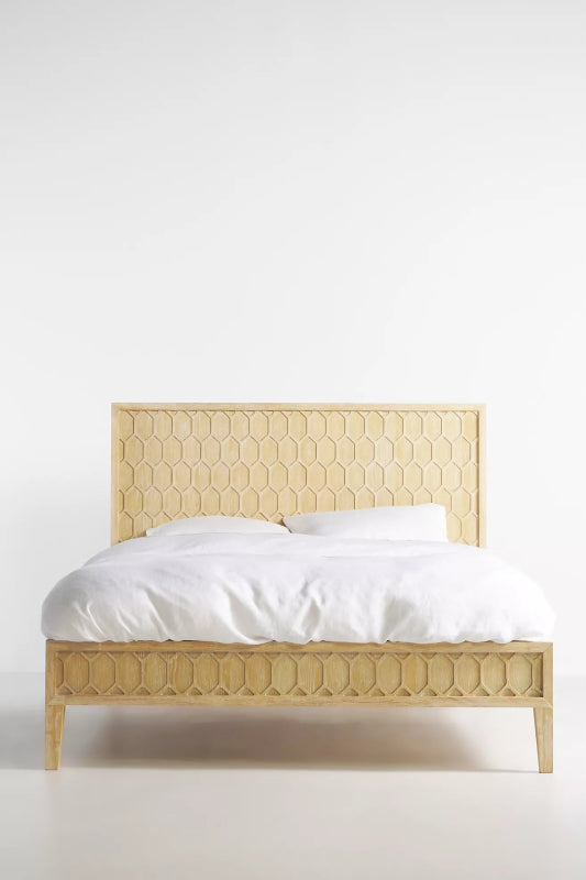 Hand Carved Textured Trellis Bed | Wooden Platform Bed in Natural Color Beds & Bed Frames - Bone Inlay Furnitures