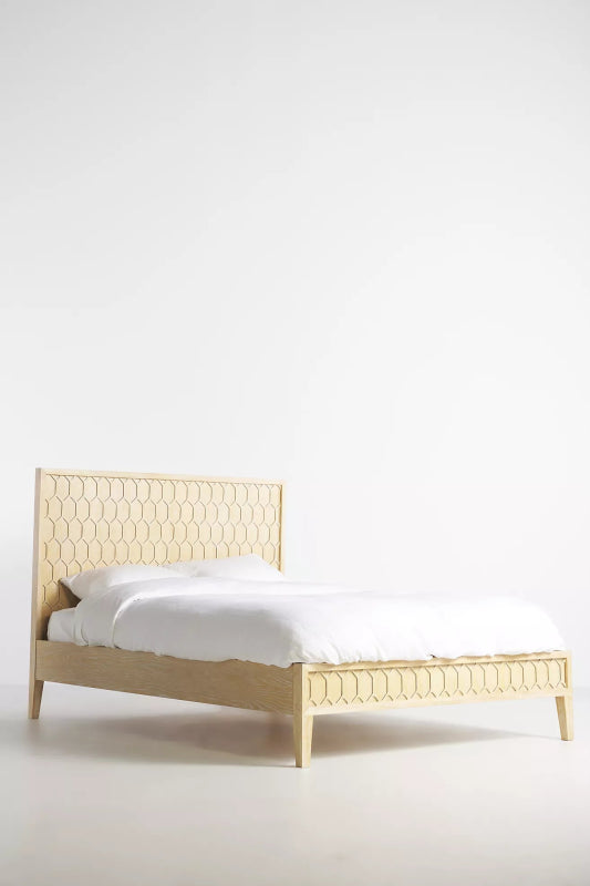 Hand Carved Textured Trellis Bed | Wooden Platform Bed in Natural Color Beds & Bed Frames - Bone Inlay Furnitures