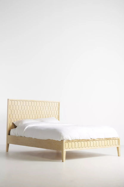 Hand Carved Textured Trellis Bed | Wooden Platform Bed in Natural Color Beds & Bed Frames - Bone Inlay Furnitures