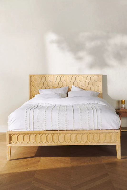 Hand Carved Textured Trellis Bed | Wooden Platform Bed in Natural Color Beds & Bed Frames - Bone Inlay Furnitures