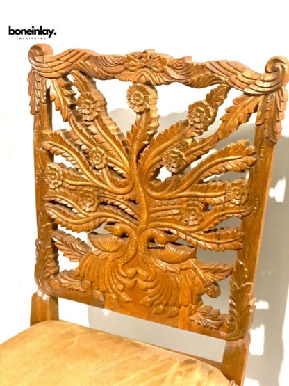 Hand Carved Traditional Solid Wooden peacock Design Front Side of Dining Chair - Bone Inlay Furnitures